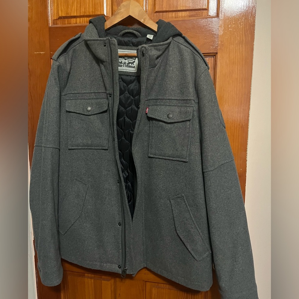 Levi’s Gray Wool Blend Hooded Bomber Jacket